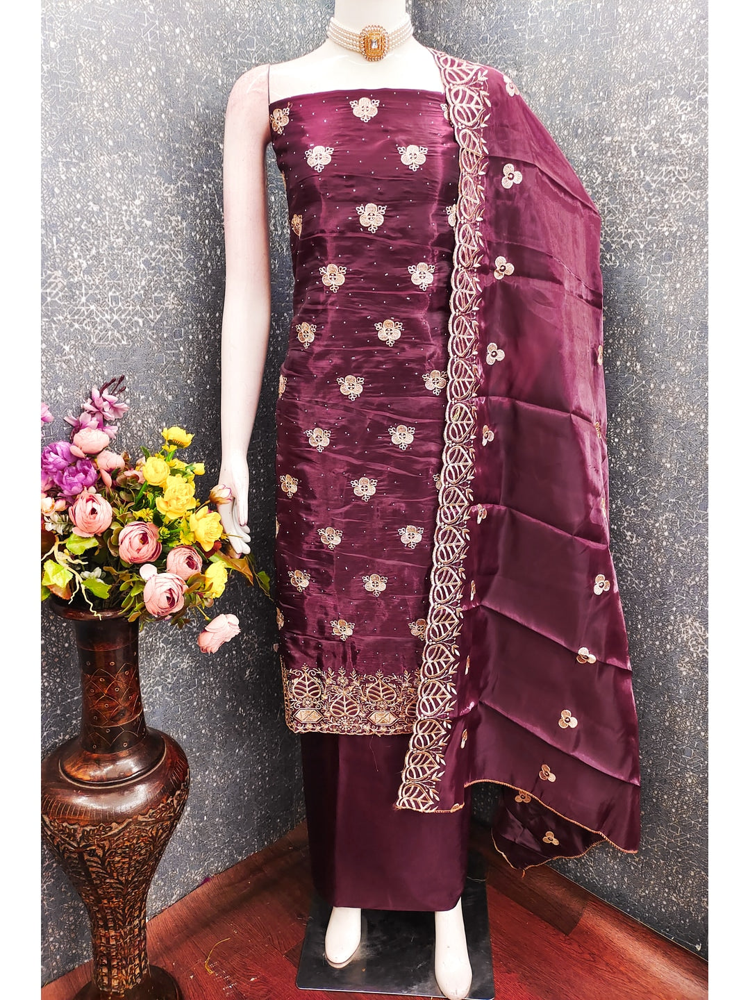 Peachmode Wine Silk Blend Dress Material with Ethnic Motifs - Image 4