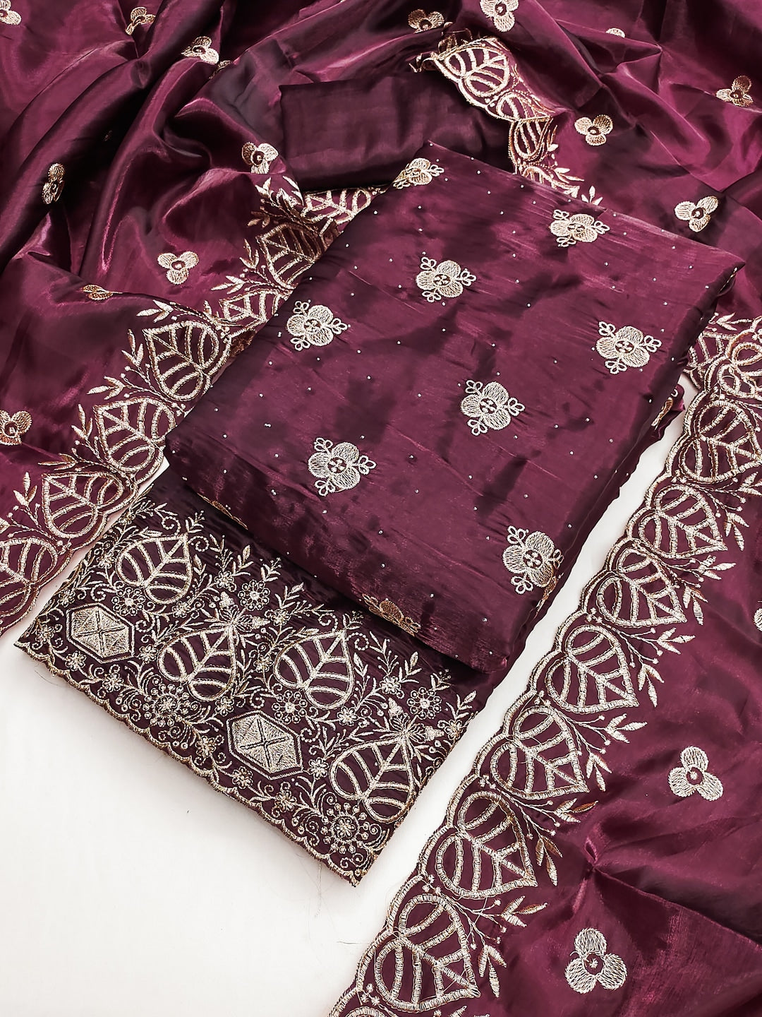 Peachmode Wine Silk Blend Dress Material with Ethnic Motifs - Image 1
