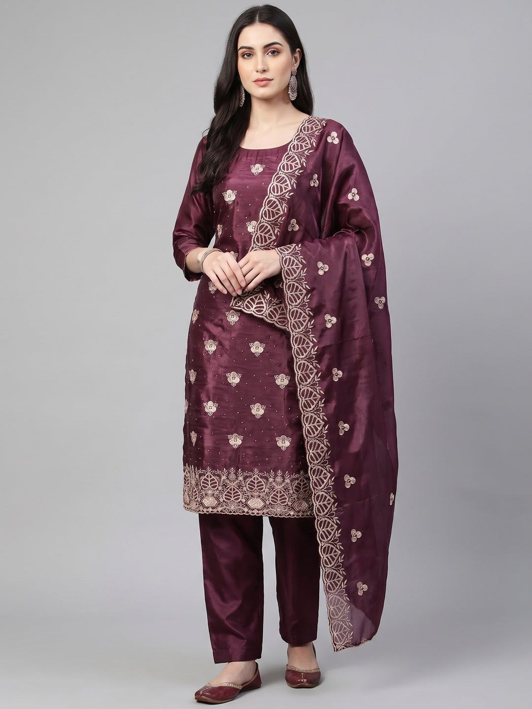 Peachmode Wine Silk Blend Dress Material with Ethnic Motifs - Image 2
