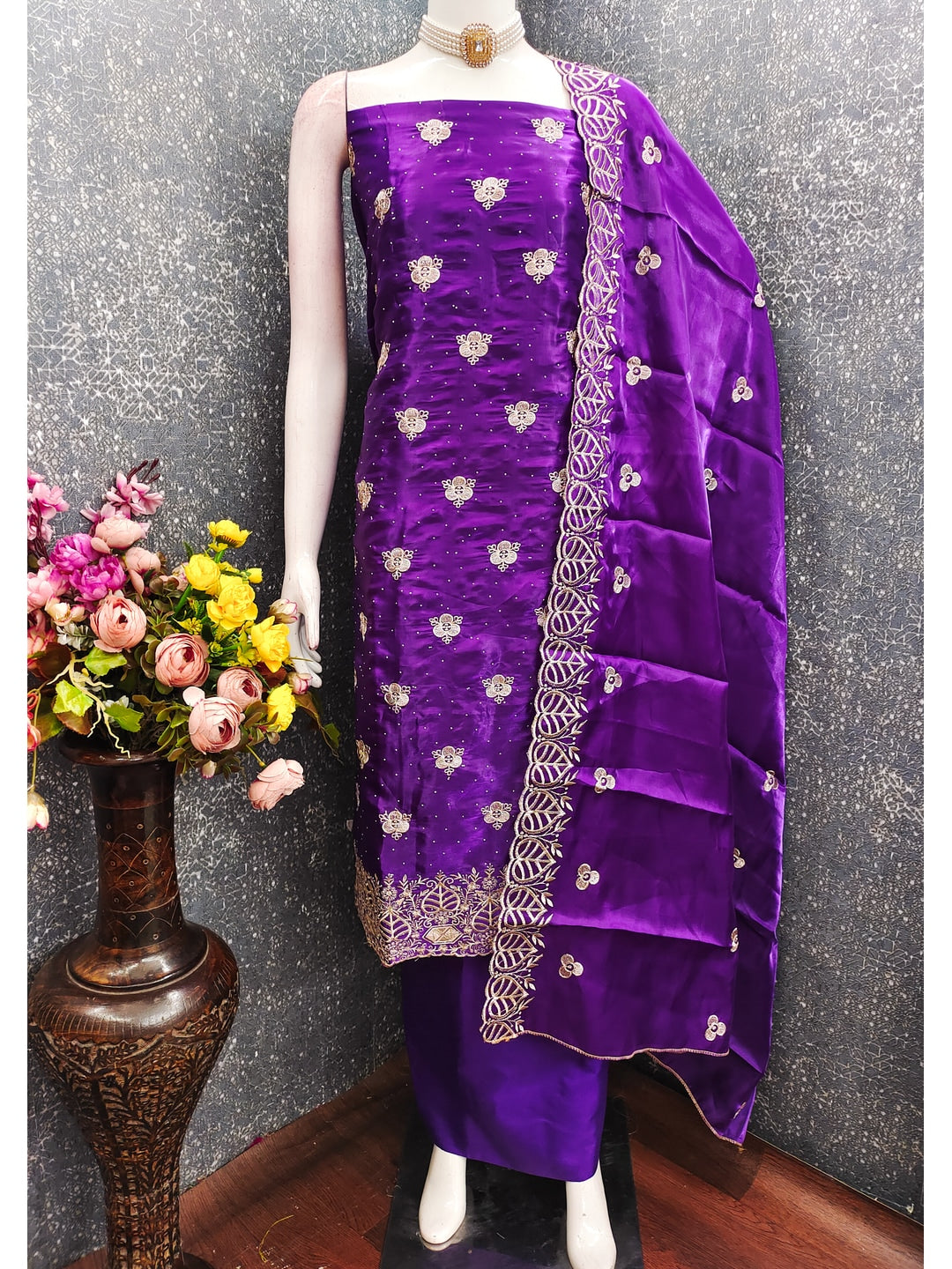 Peachmode Purple Silk Blend Dress Material with Ethnic Motifs - Image 4