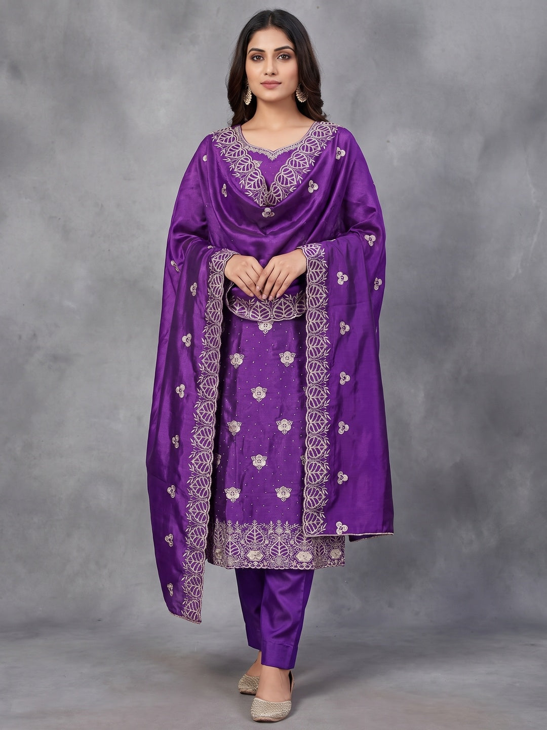 Peachmode Purple Silk Blend Dress Material with Ethnic Motifs - Image 2