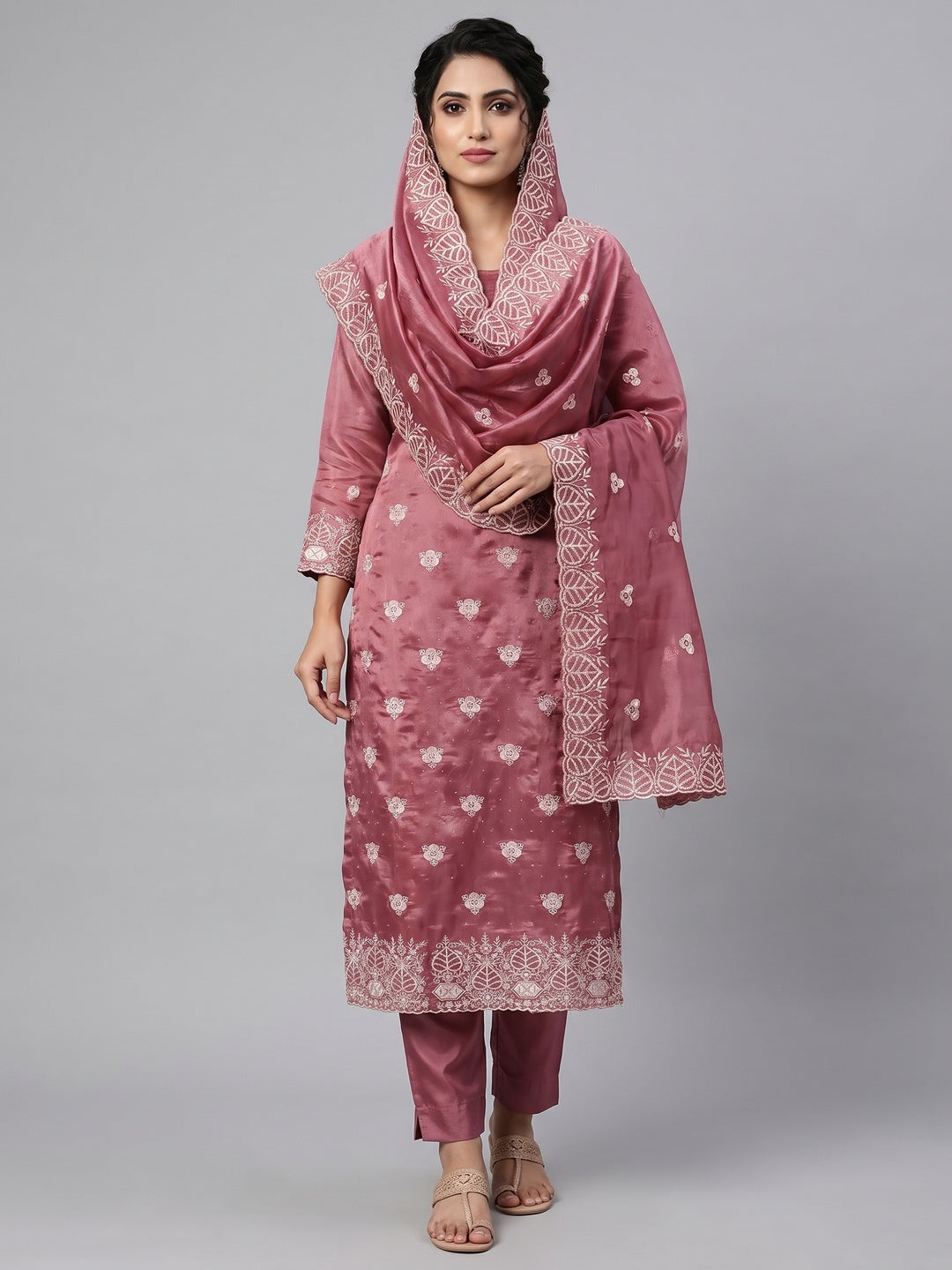 Peachmode Mauve Silk Blend Dress Material with Ethnic Motifs - Image 2
