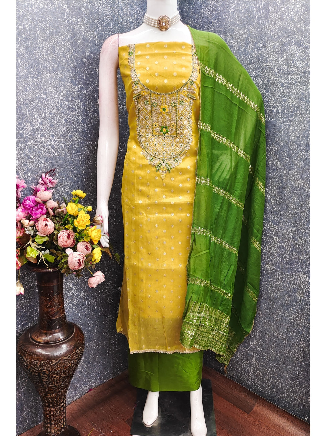 Peachmode Yellow Shimmer Dress Material with Ethnic Motifs - Image 4