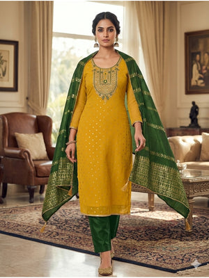 Peachmode Yellow Shimmer Dress Material with Ethnic Motifs - Image 3