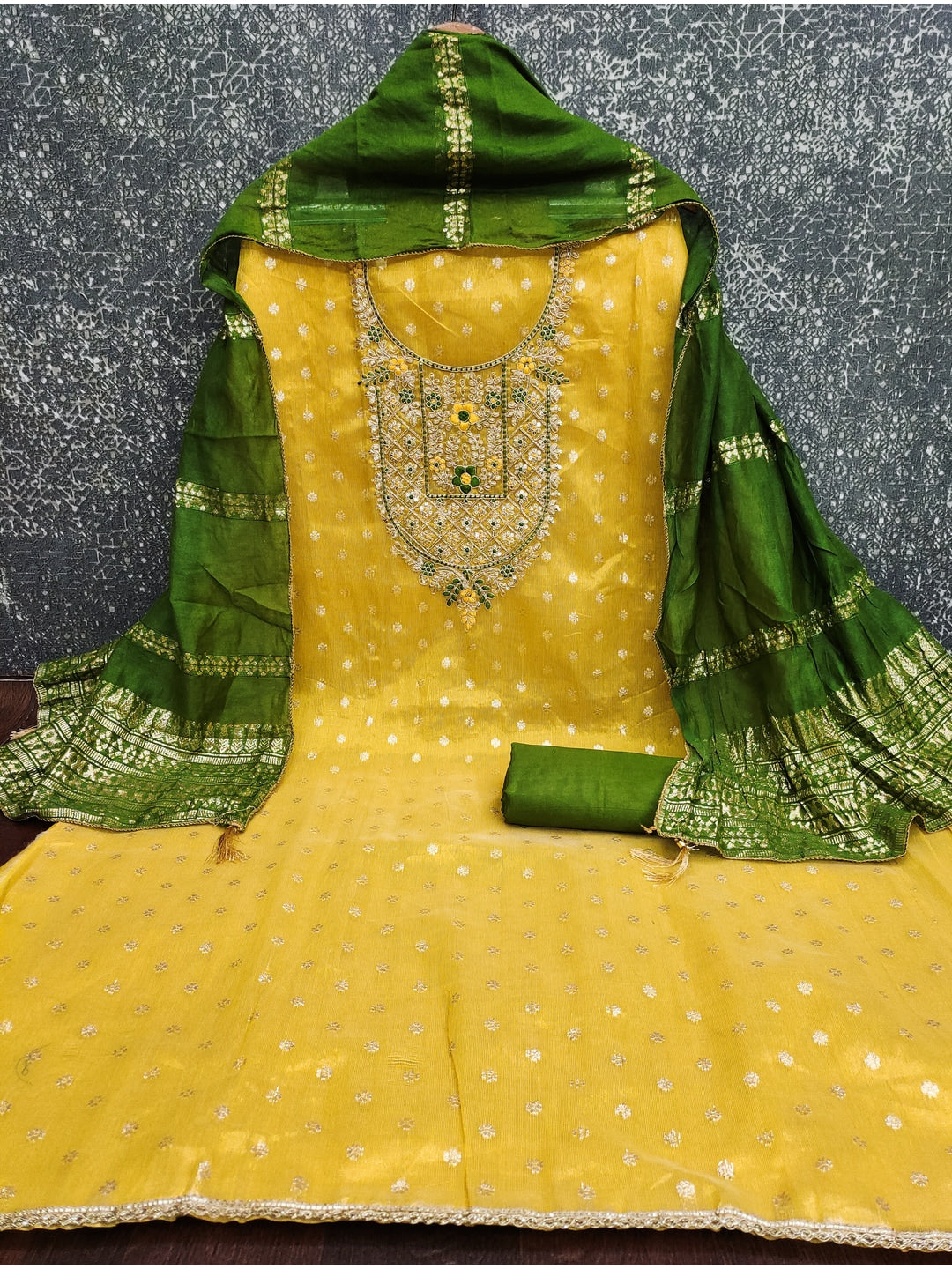 Peachmode Yellow Shimmer Dress Material with Ethnic Motifs - Image 5