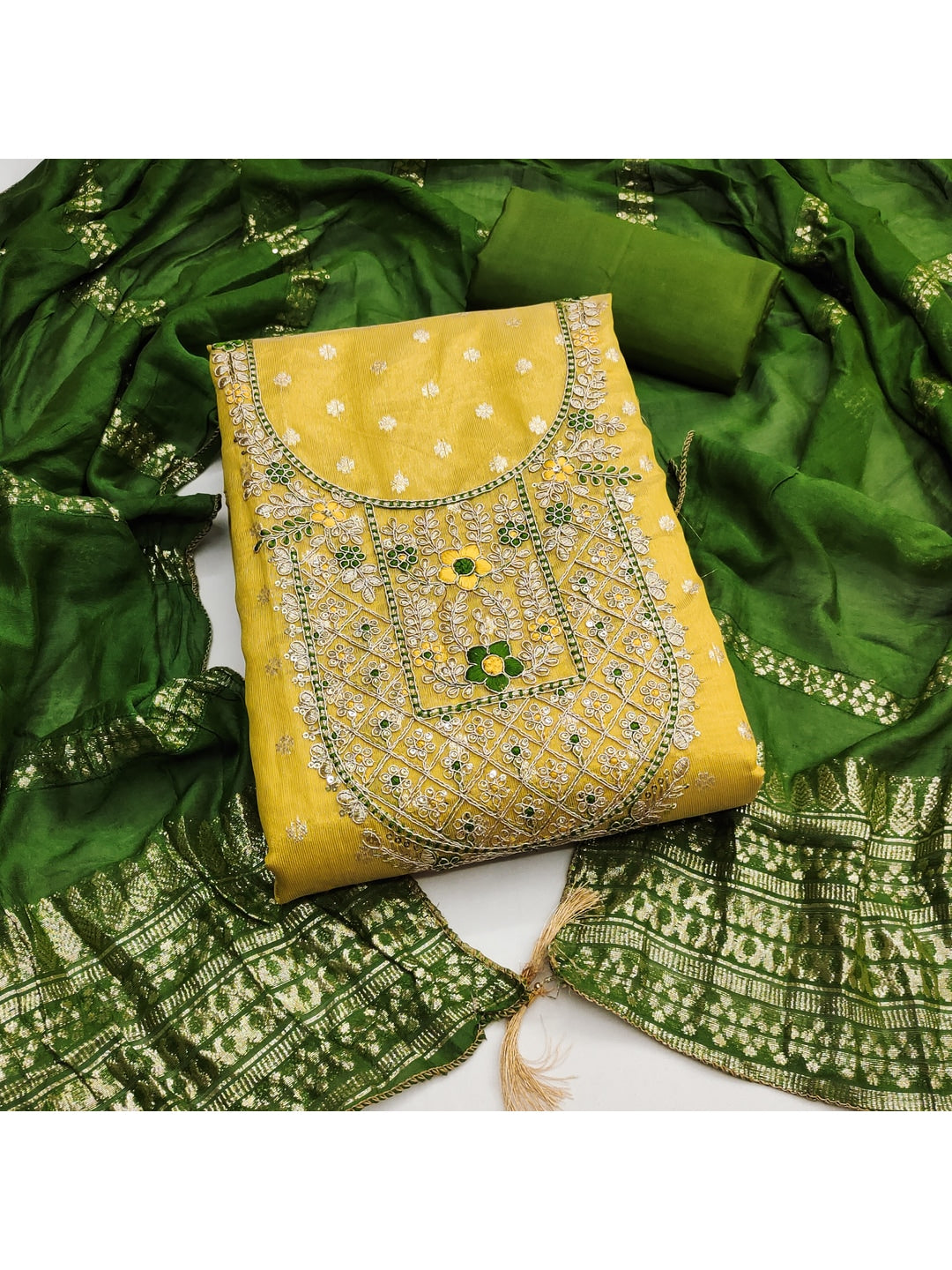 Peachmode Yellow Shimmer Dress Material with Ethnic Motifs - Image 6