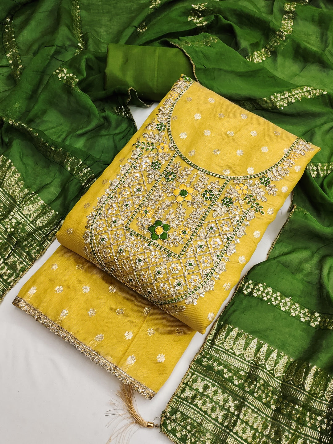 Peachmode Yellow Shimmer Dress Material with Ethnic Motifs - Image 7