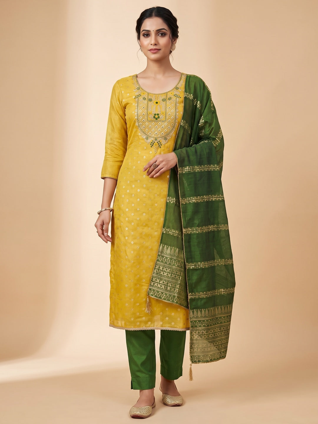 Peachmode Yellow Shimmer Dress Material with Ethnic Motifs - Image 2