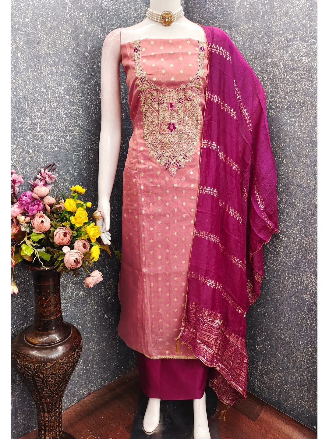 Peachmode Pink Shimmer Dress Material with Ethnic Motifs - Image 2