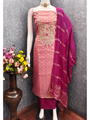 Pink Shimmer Unstitched Dress Material with Zari and Thread Work - Image 2