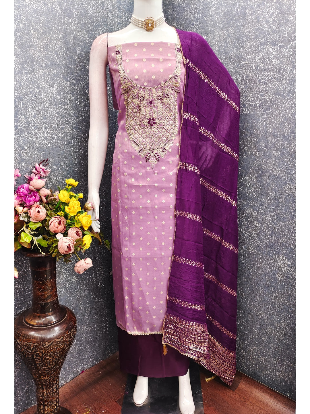 Peachmode Lavender Shimmer Dress Material with Ethnic Motifs - Image 3