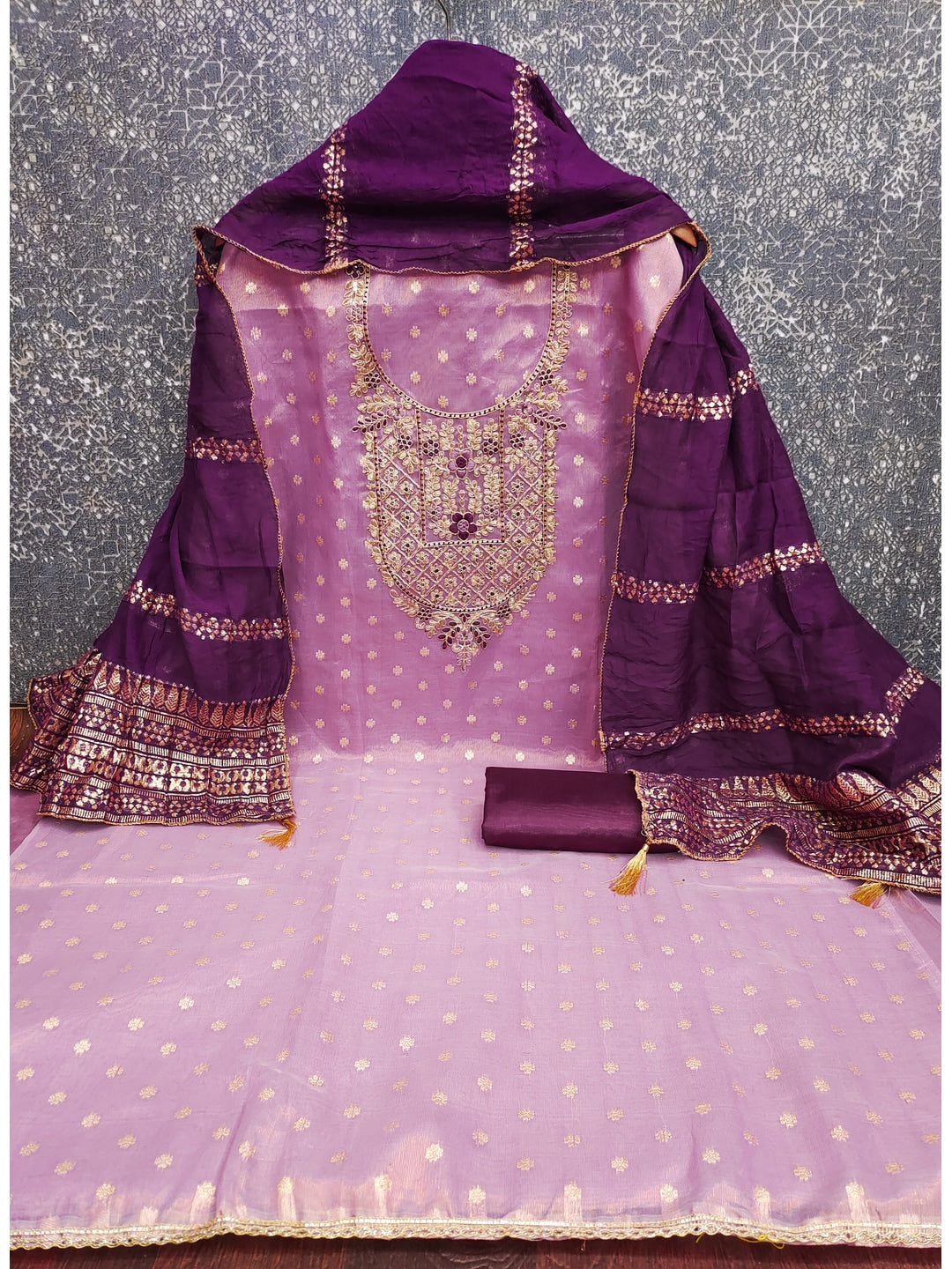 Peachmode Lavender Shimmer Dress Material with Ethnic Motifs - Image 4