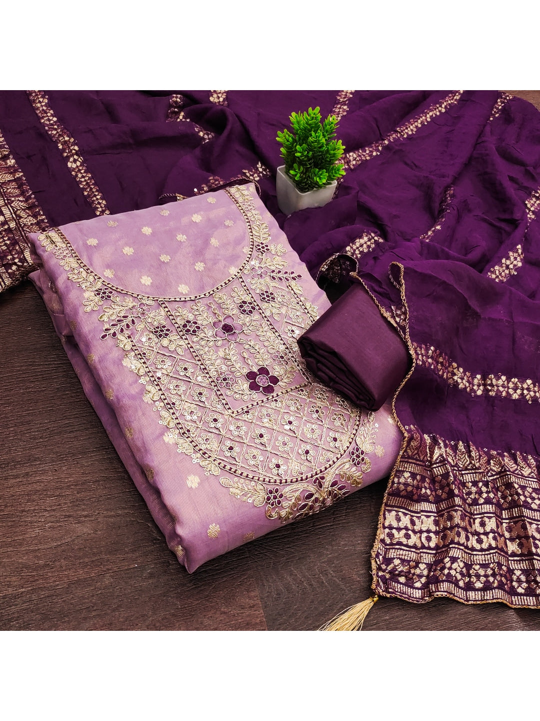 Peachmode Lavender Shimmer Dress Material with Ethnic Motifs - Image 5