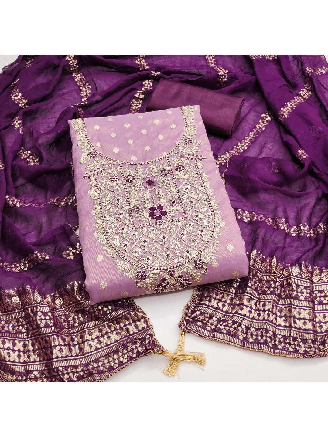 Peachmode Lavender Shimmer Dress Material with Ethnic Motifs - Image 6