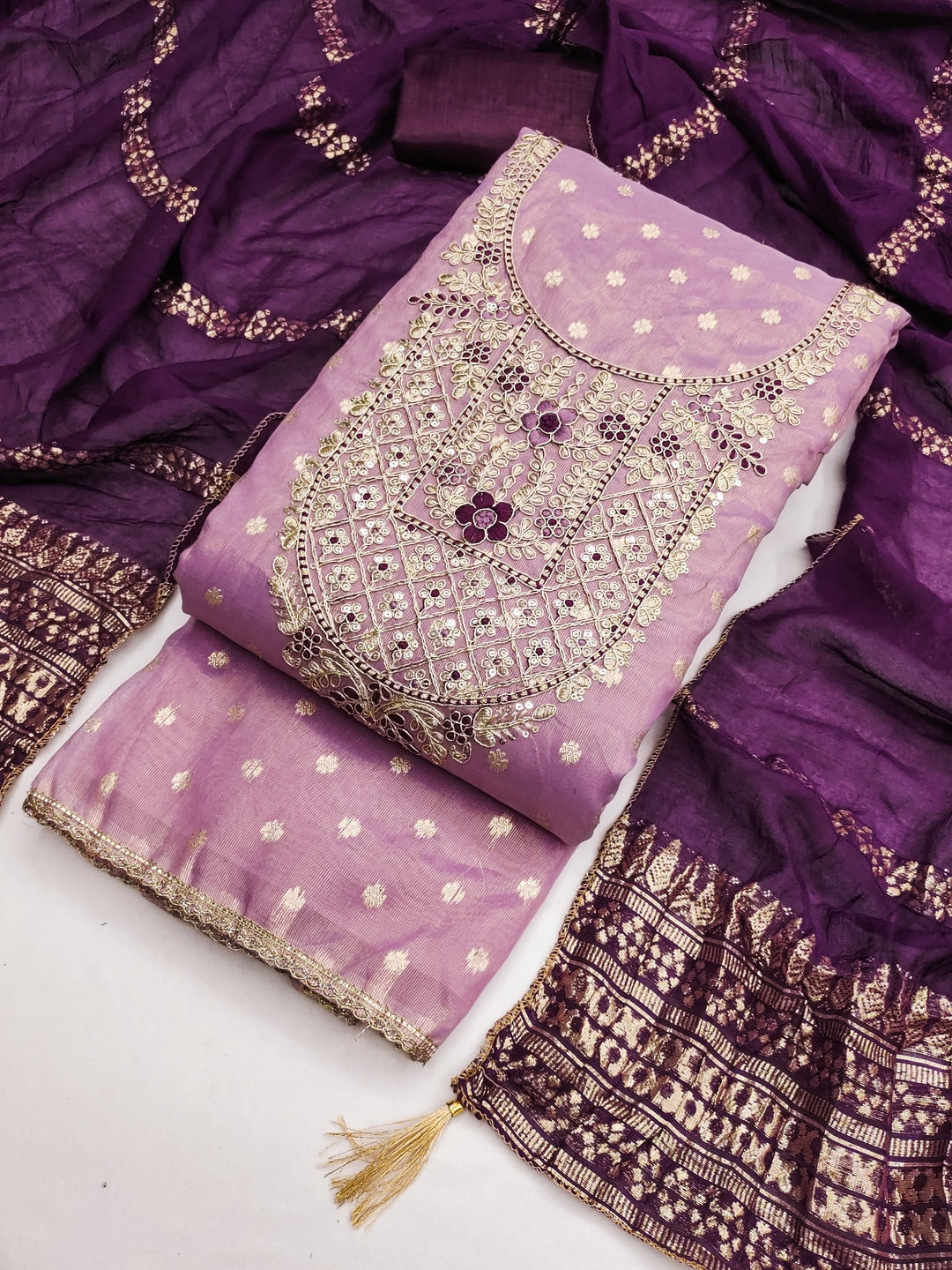 Peachmode Lavender Shimmer Dress Material with Ethnic Motifs - Image 1