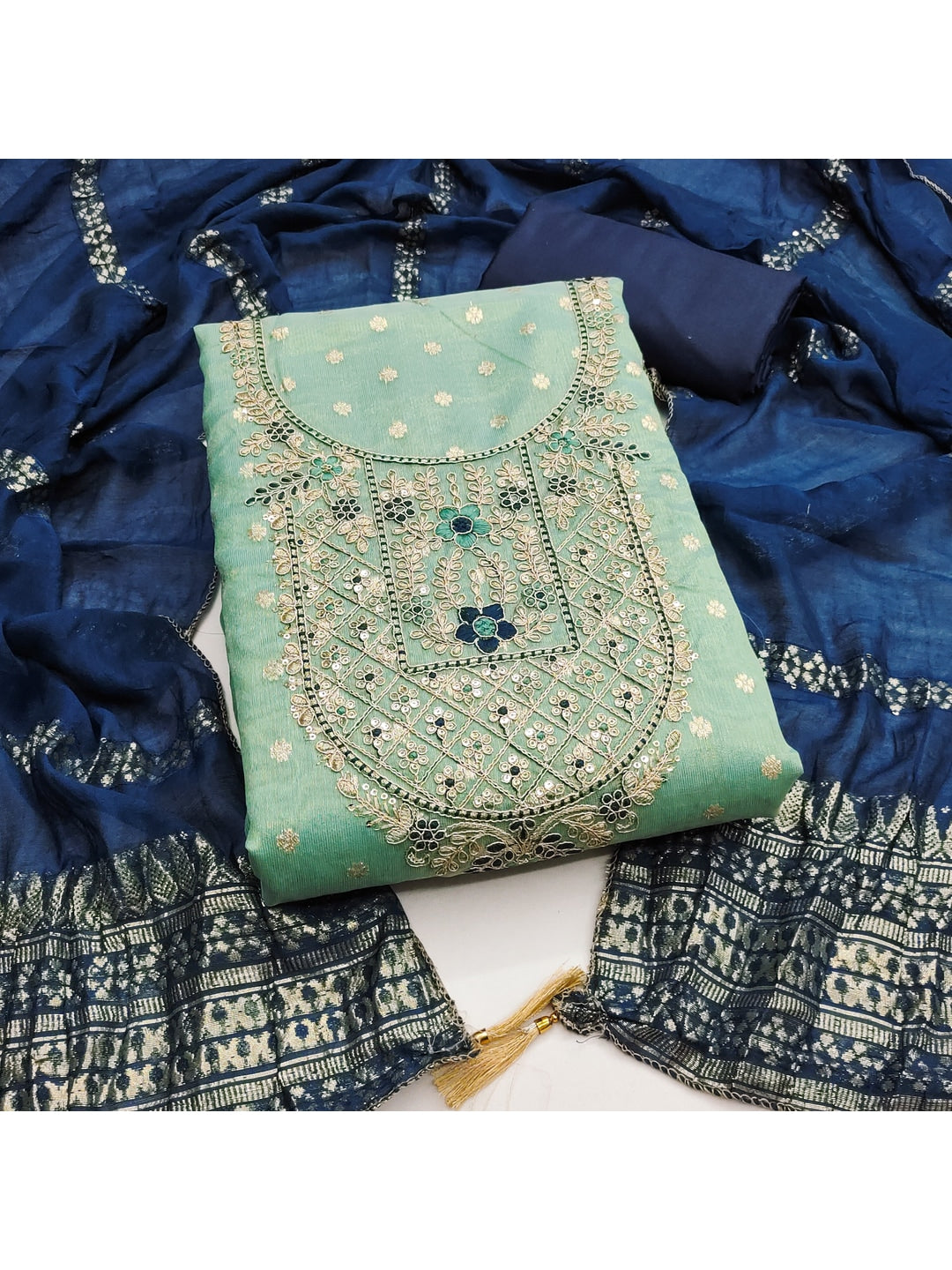 Peachmode Sea Green Shimmer Dress Material with Ethnic Motifs - Image 1