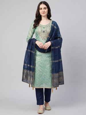 Peachmode Sea Green Shimmer Dress Material with Ethnic Motifs - Image 2