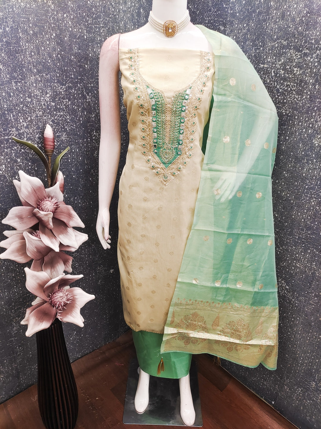 Peachmode Turquoise Shimmer Dress Material with Ethnic Motifs - Image 3