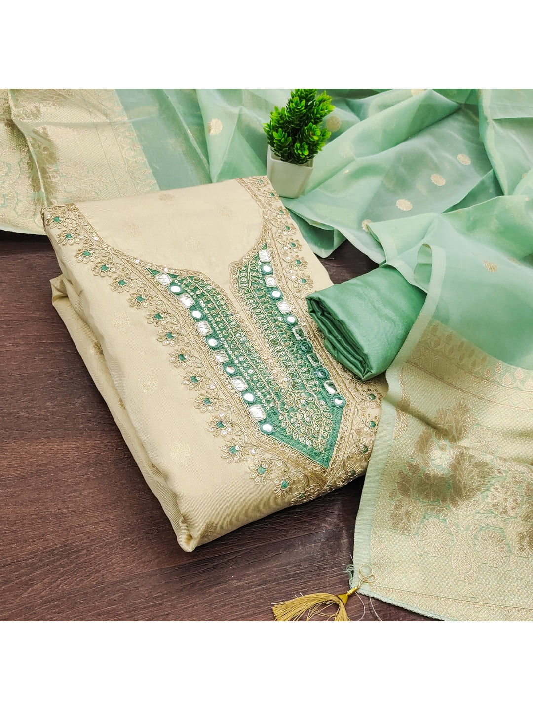 Peachmode Turquoise Shimmer Dress Material with Ethnic Motifs - Image 4
