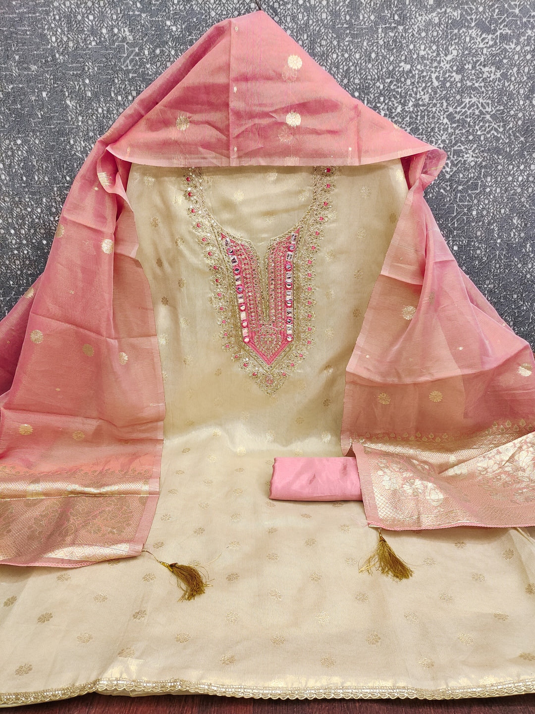 Peachmode Pink Shimmer Dress Material with Ethnic Motifs - Image 3