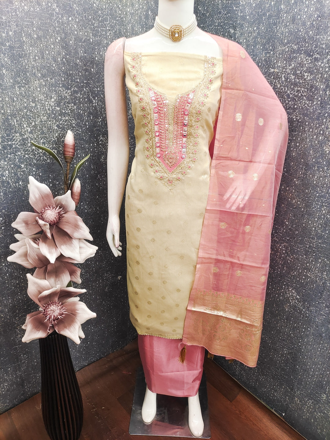 Peachmode Pink Shimmer Dress Material with Ethnic Motifs - Image 4