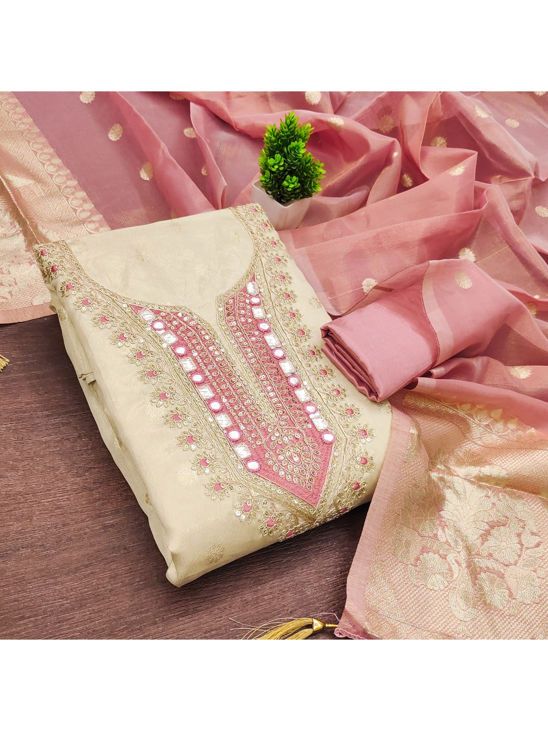 Peachmode Pink Shimmer Dress Material with Ethnic Motifs - Image 5