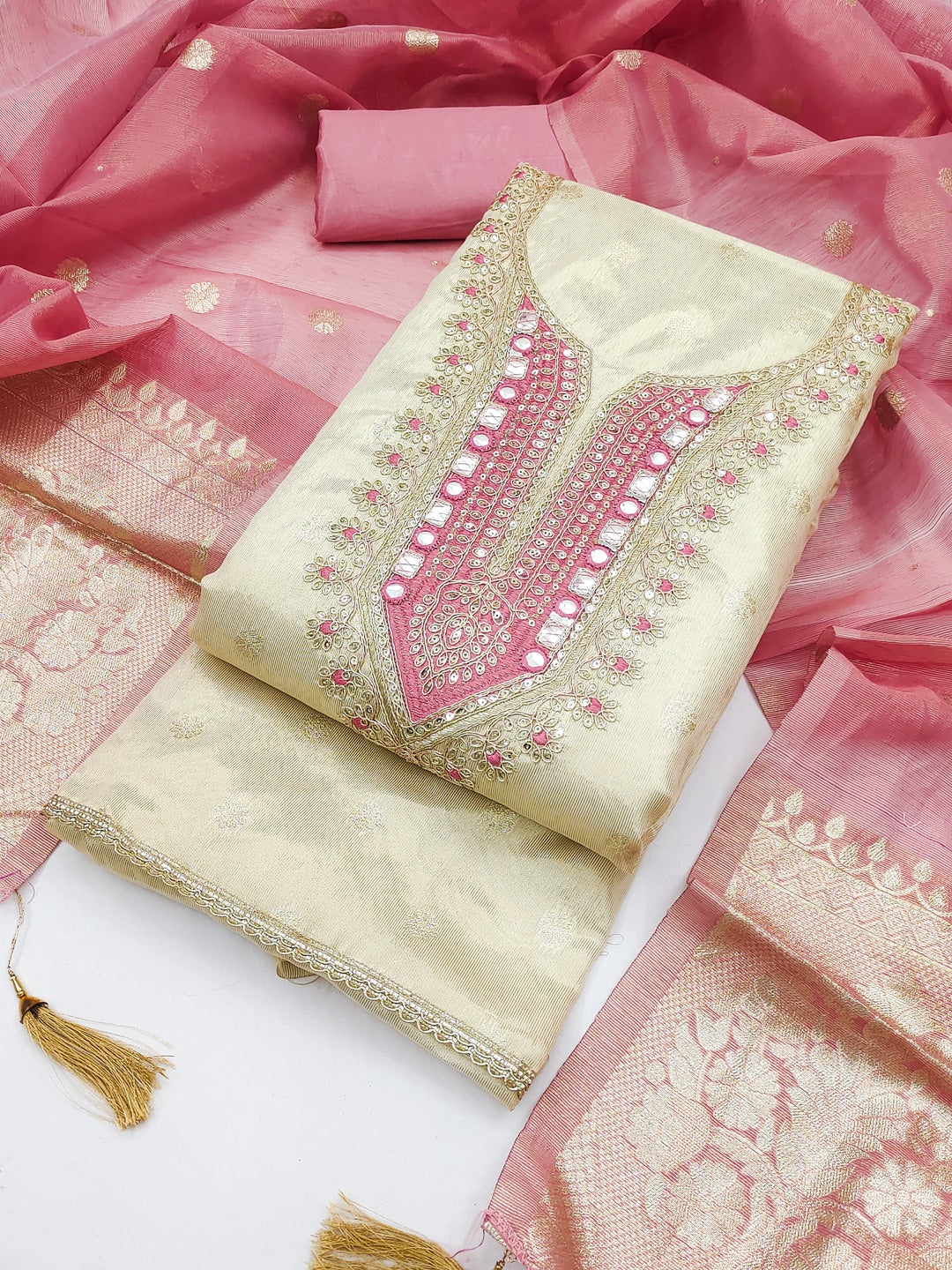 Peachmode Pink Shimmer Dress Material with Ethnic Motifs - Image 6