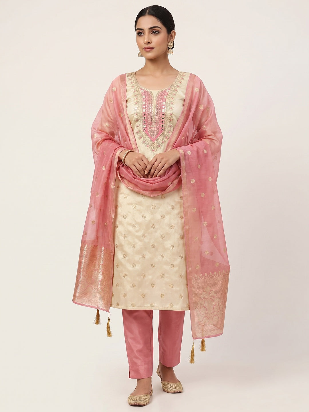 Peachmode Pink Shimmer Dress Material with Ethnic Motifs - Image 2