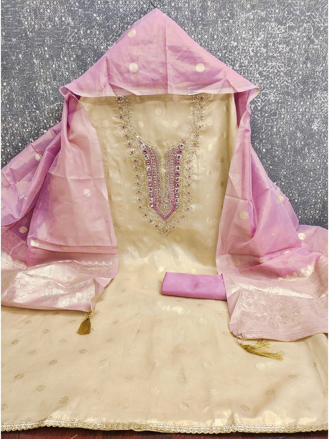 Peachmode Lavender Shimmer Dress Material with Ethnic Motifs - Image 4