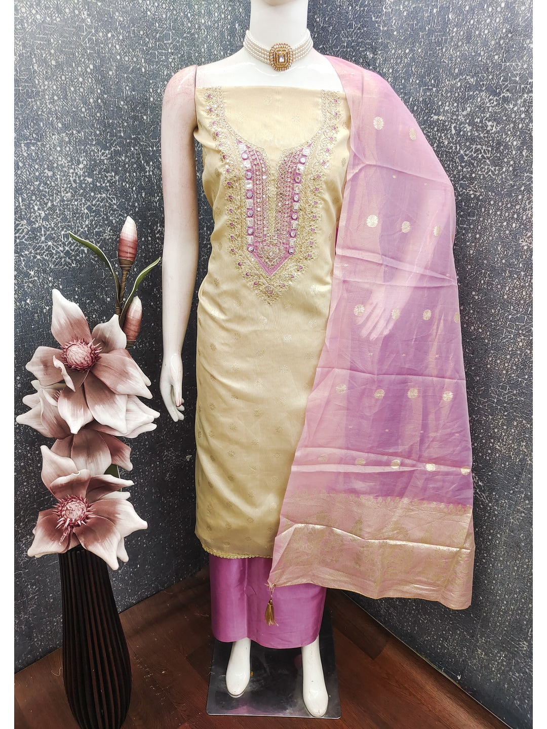Peachmode Lavender Shimmer Dress Material with Ethnic Motifs - Image 3