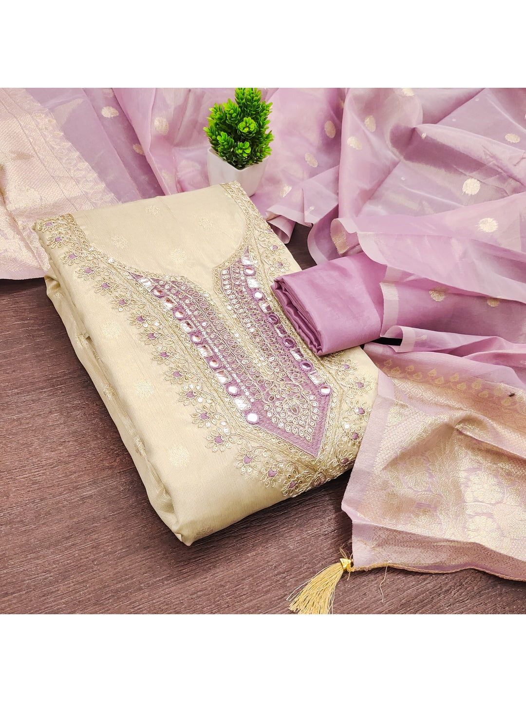 Peachmode Lavender Shimmer Dress Material with Ethnic Motifs - Image 5