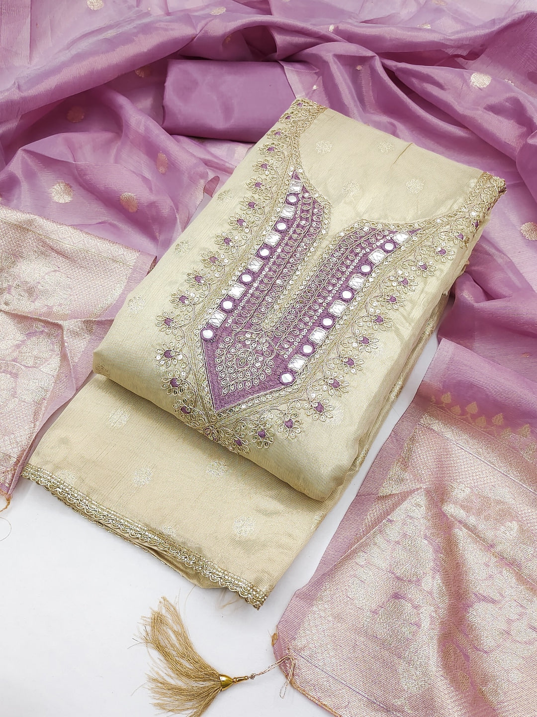 Peachmode Lavender Shimmer Dress Material with Ethnic Motifs - Image 1