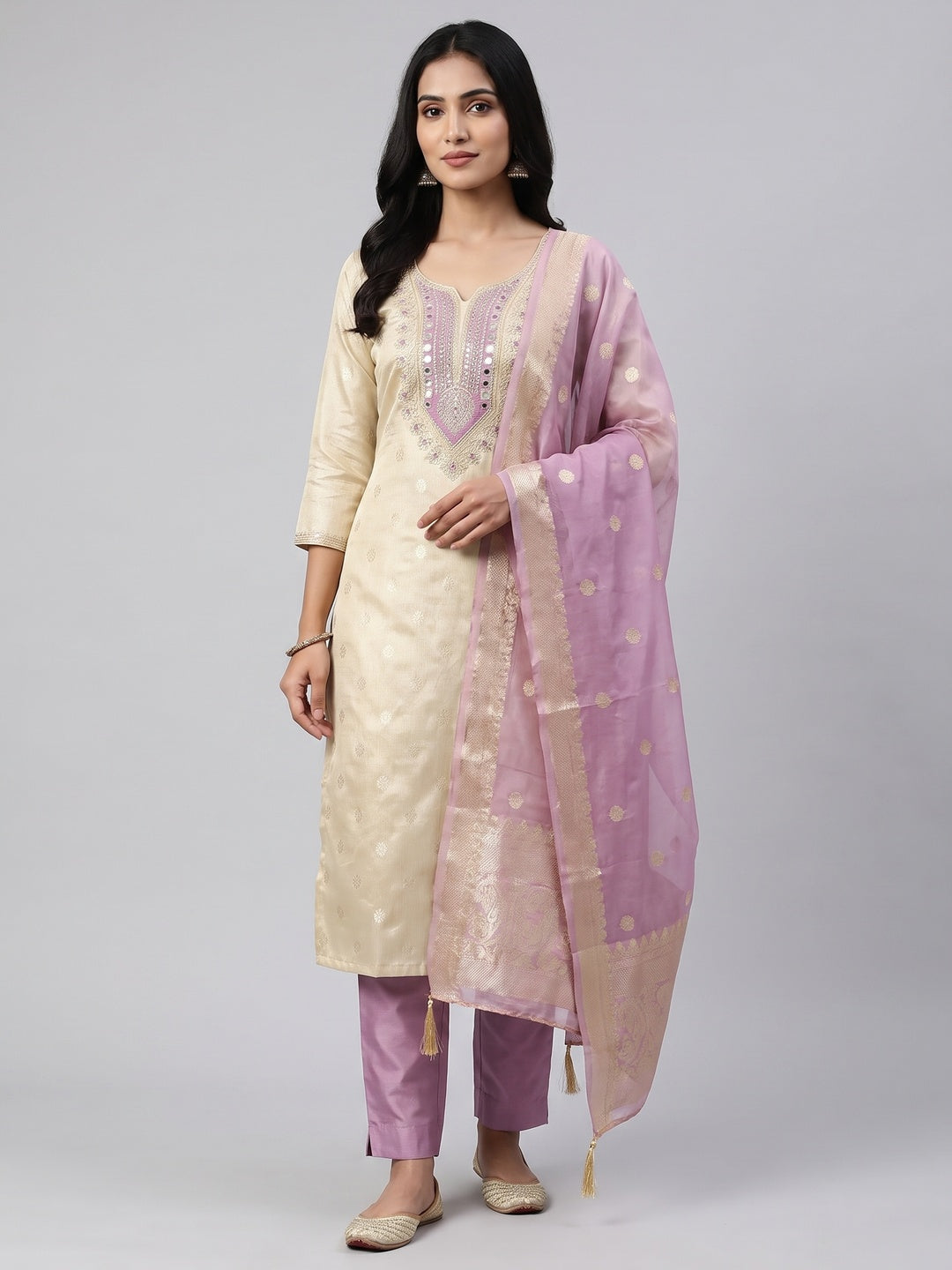 Peachmode Lavender Shimmer Dress Material with Ethnic Motifs - Image 2