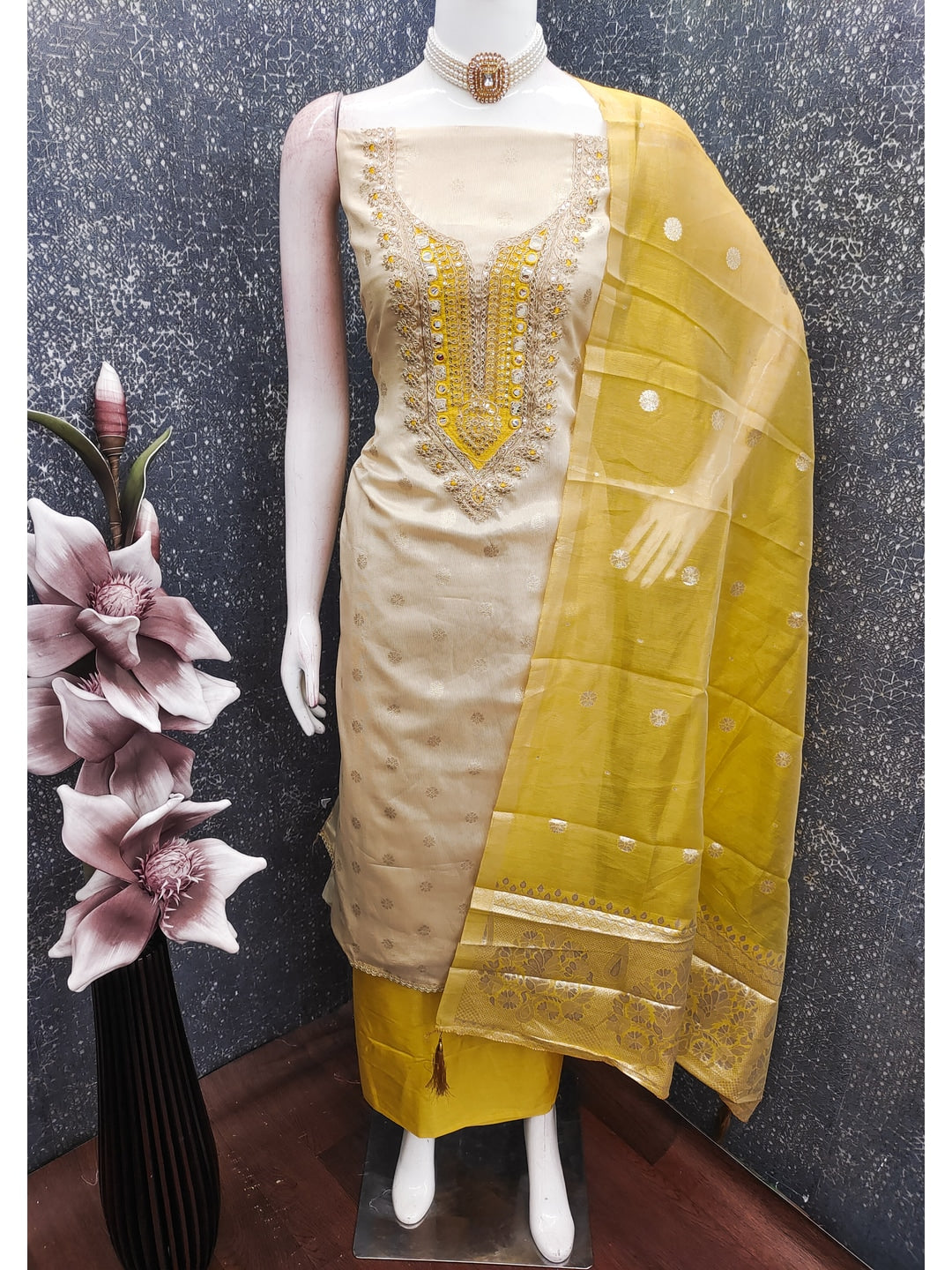 Peachmode Yellow Shimmer Dress Material with Ethnic Motifs - Image 3