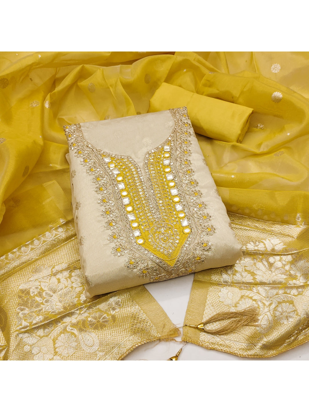 Peachmode Yellow Shimmer Dress Material with Ethnic Motifs - Image 5