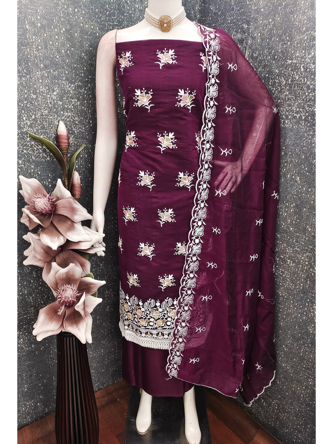 Peachmode Wine Chanderi Silk Dress Material with Ethnic Motifs - Image 3