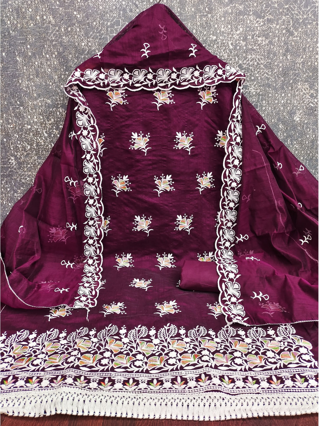 Peachmode Wine Chanderi Silk Dress Material with Ethnic Motifs - Image 4