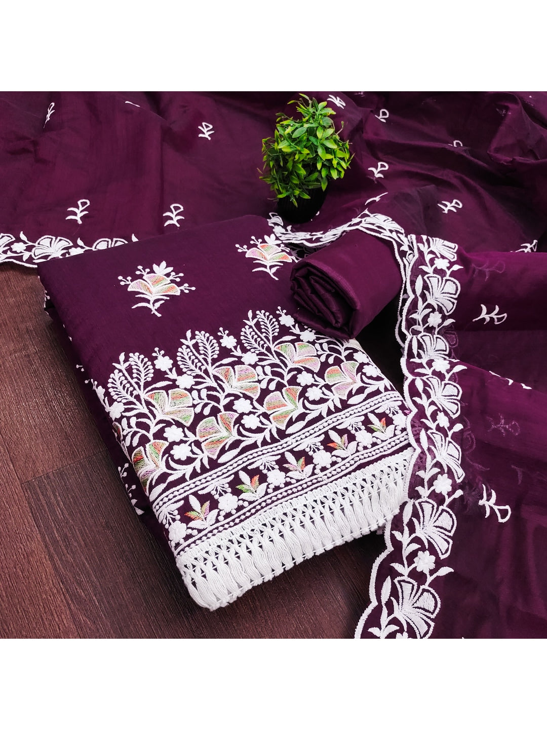 Peachmode Wine Chanderi Silk Dress Material with Ethnic Motifs - Image 5