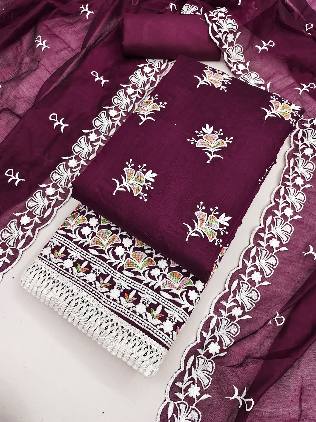 Peachmode Wine Chanderi Silk Dress Material with Ethnic Motifs - Image 1
