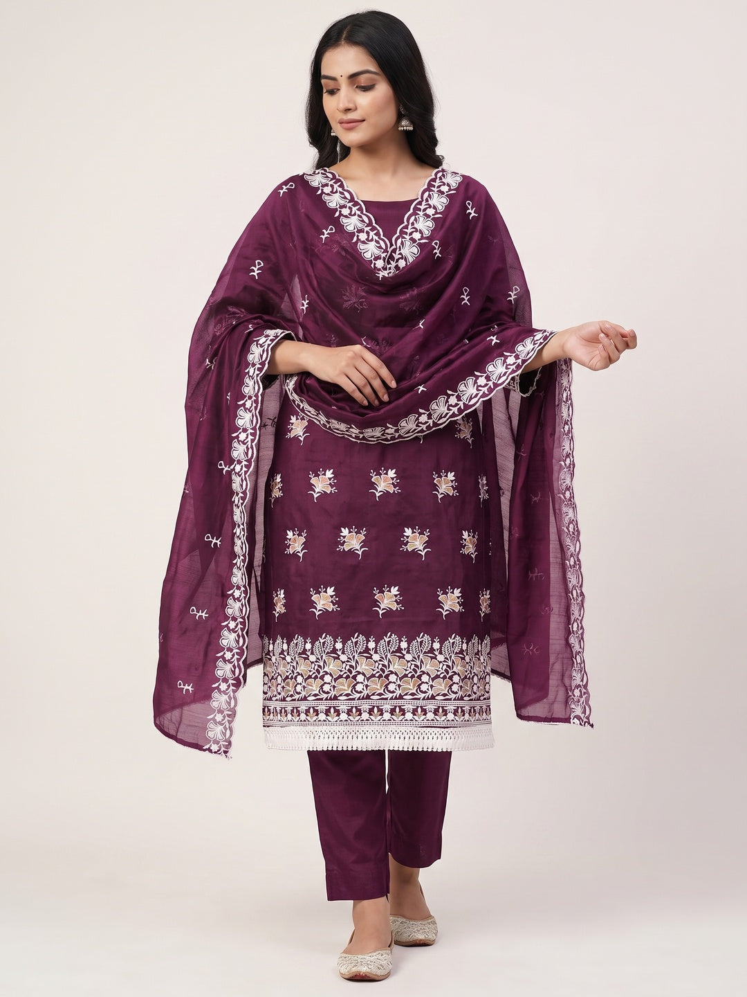 Peachmode Wine Chanderi Silk Dress Material with Ethnic Motifs - Image 2