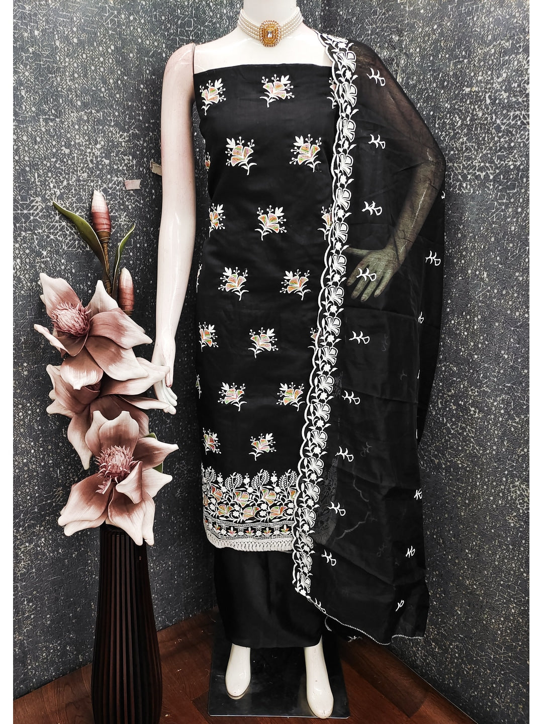 Peachmode Black Chanderi Silk Dress Material with Ethnic Motifs - Image 2