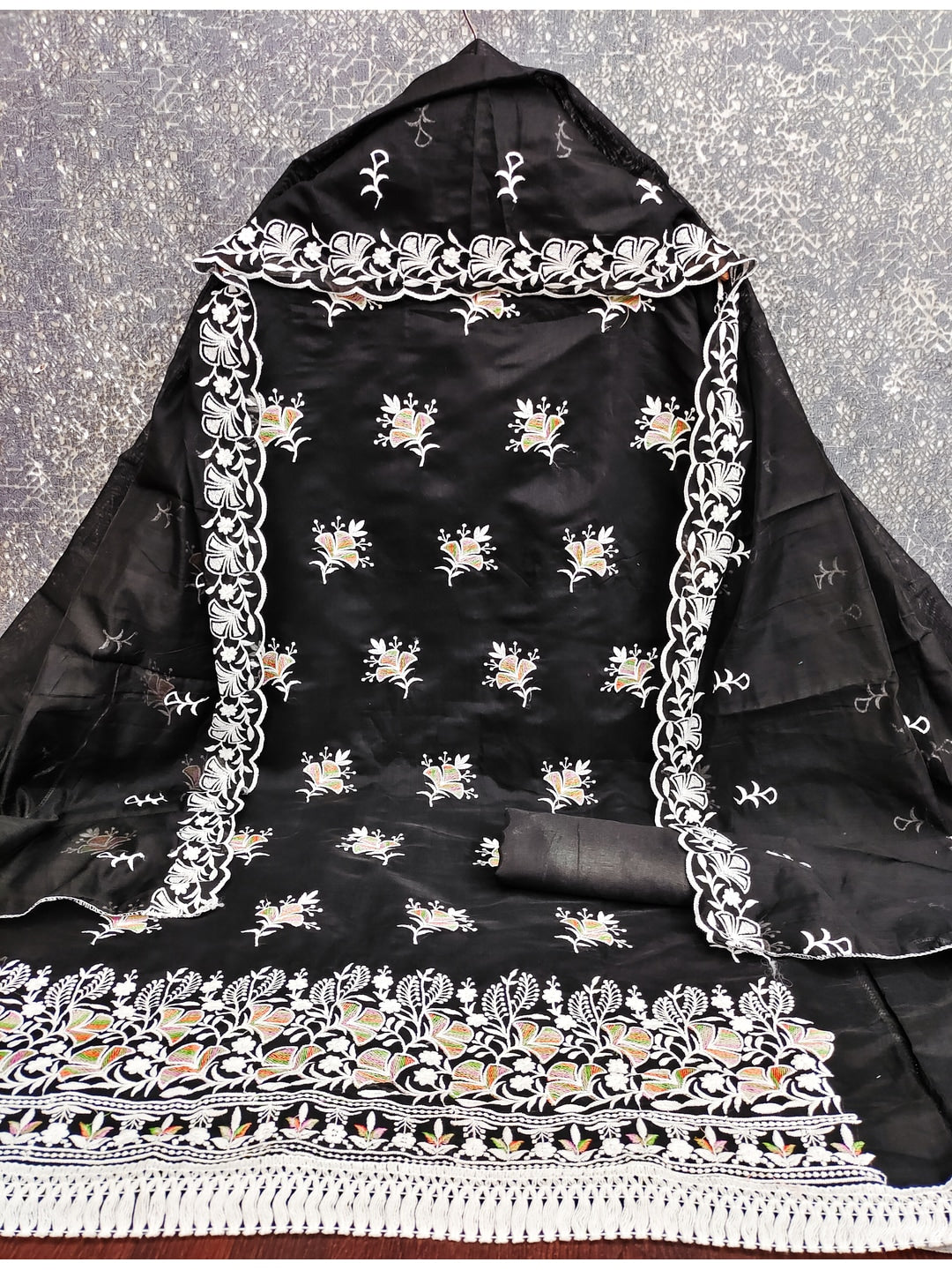 Peachmode Black Chanderi Silk Dress Material with Ethnic Motifs - Image 3