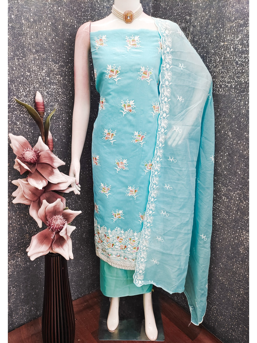 Peachmode Turquoise Chanderi Silk Dress Material with Ethnic Motifs - Image 3