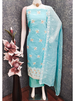Peachmode Turquoise Chanderi Silk Dress Material with Ethnic Motifs - Image 2