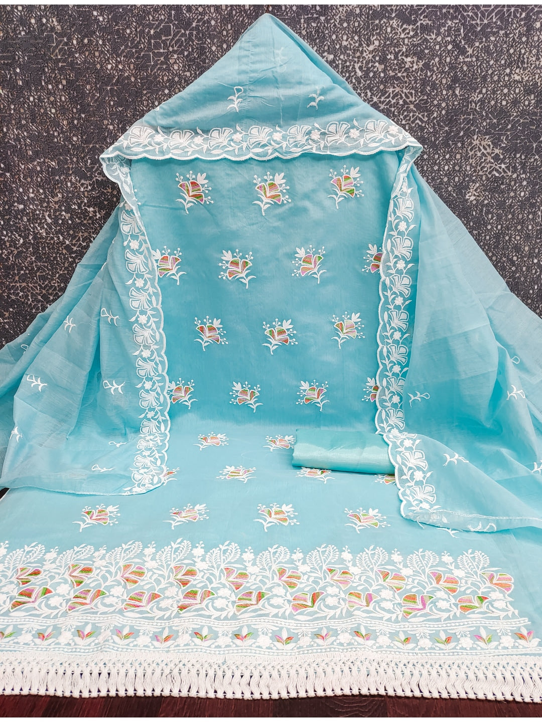 Peachmode Turquoise Chanderi Silk Dress Material with Ethnic Motifs - Image 4