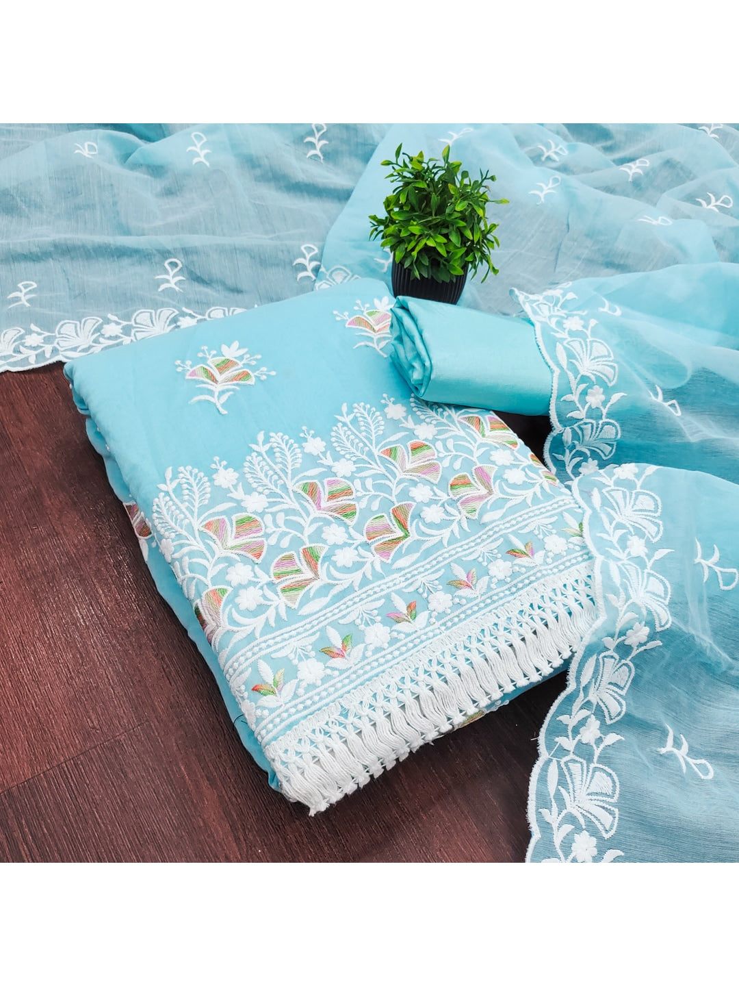 Peachmode Turquoise Chanderi Silk Dress Material with Ethnic Motifs - Image 5