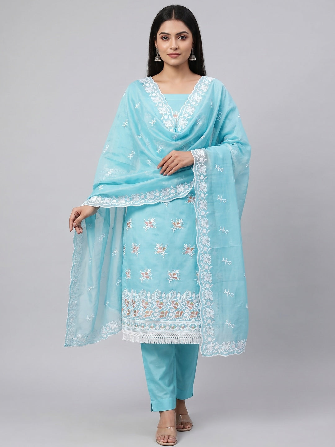 Peachmode Turquoise Chanderi Silk Dress Material with Ethnic Motifs - Image 2