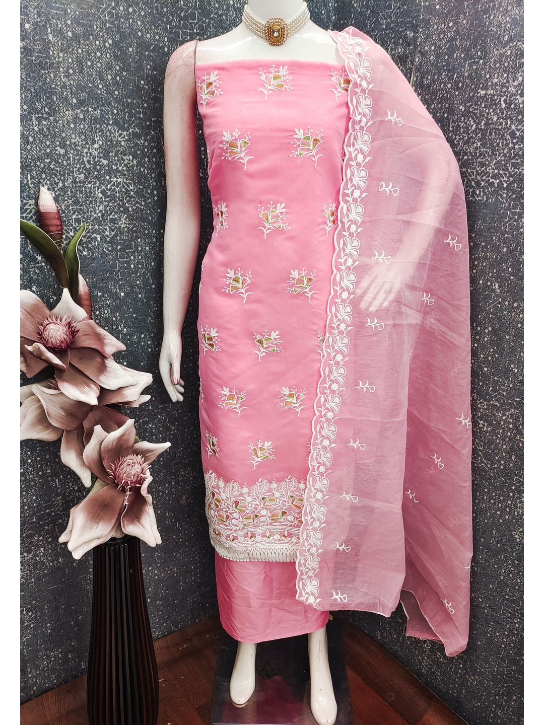 Peachmode Pink Chanderi Silk Dress Material with Ethnic Motifs - Image 3