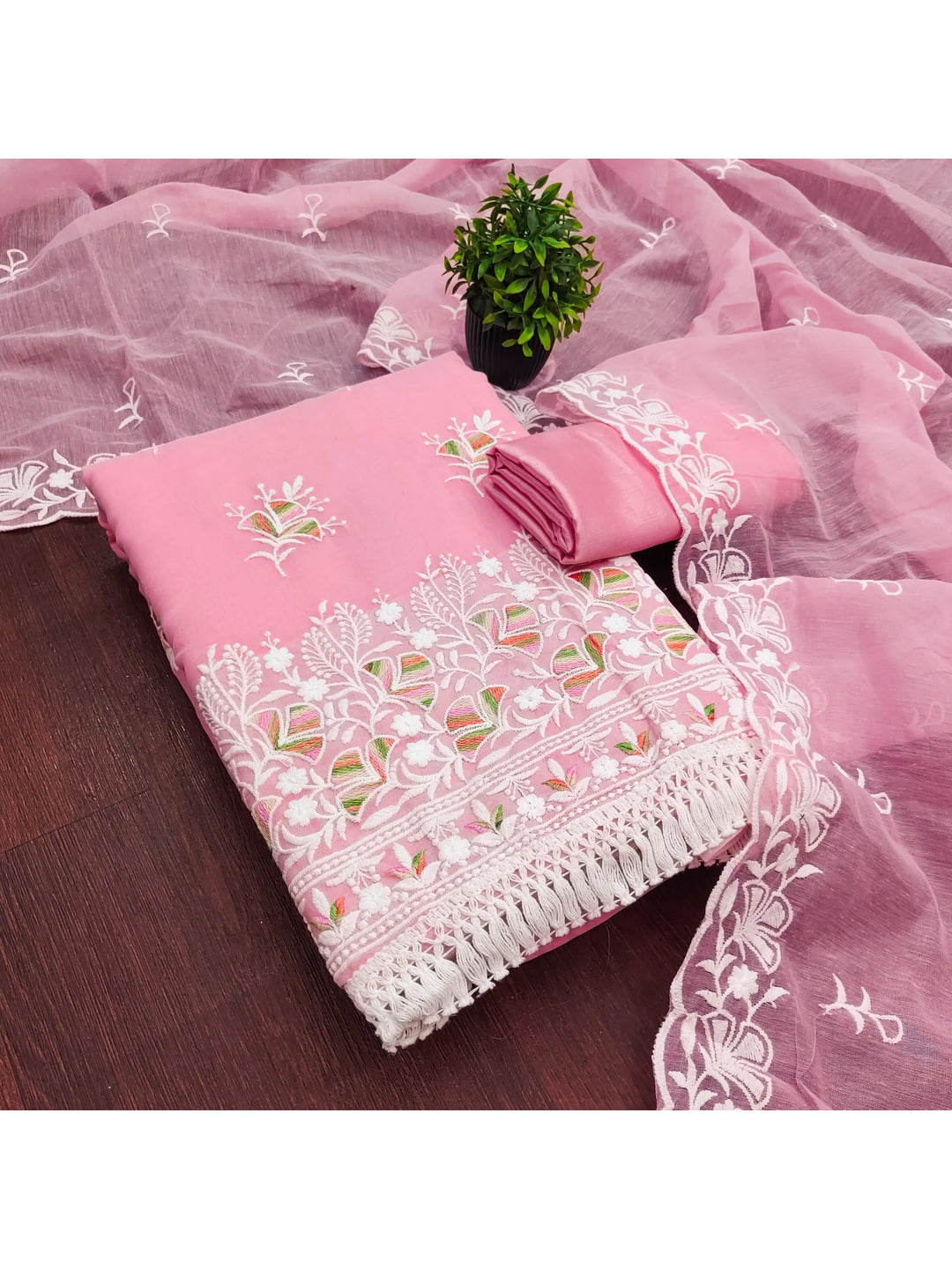 Peachmode Pink Chanderi Silk Dress Material with Ethnic Motifs - Image 5