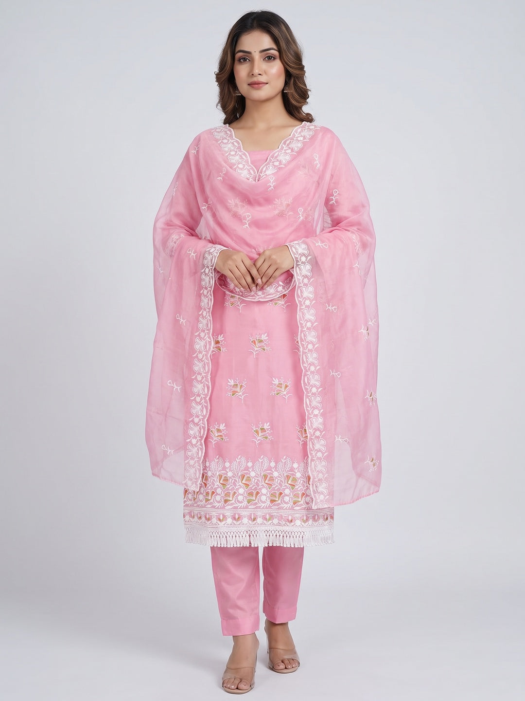 Peachmode Pink Chanderi Silk Dress Material with Ethnic Motifs - Image 2